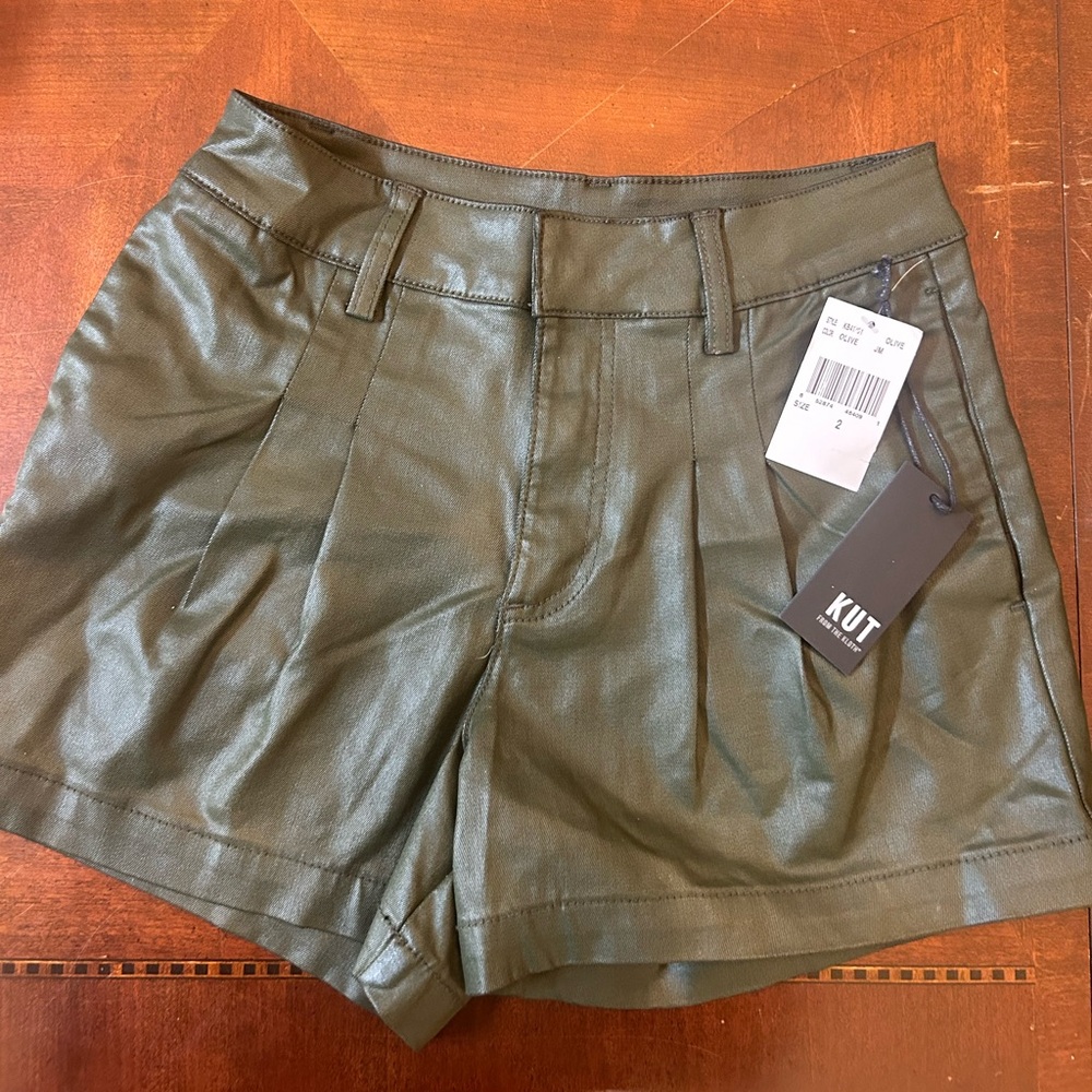 KUT from the Kloth green leather shorts